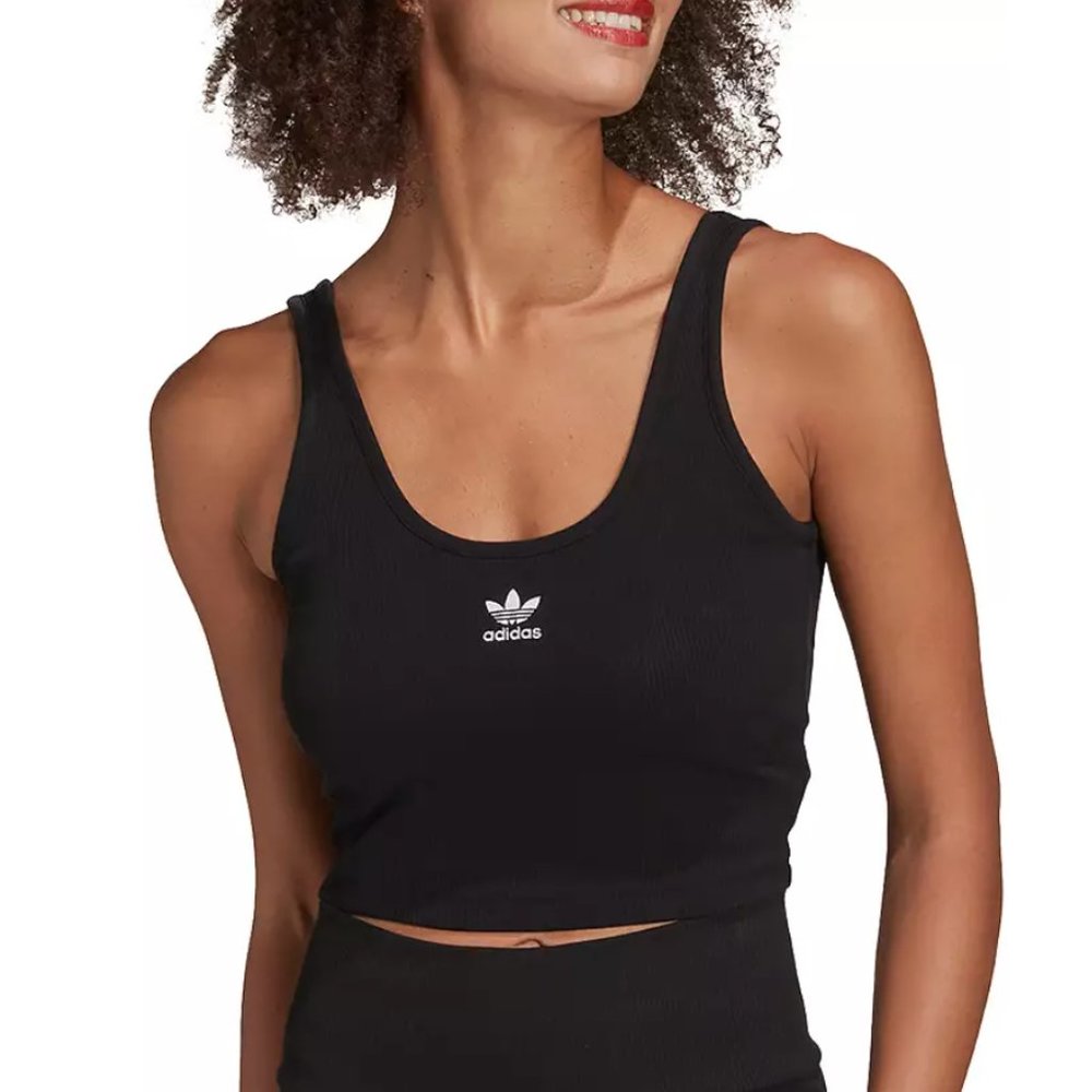 Adidas Crop Tank Ribbed Open Back Scoop Neck Black X-Small - Picture 1 of 8